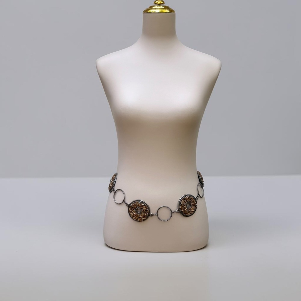 Medallion Chain Link Belt OS Brown Silver Boho Stone Inlay Earthy Artsy Western